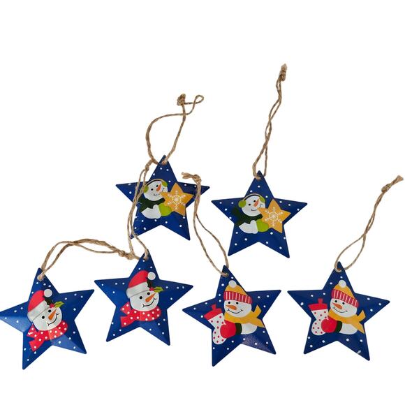 6 Christmas Star Metal Ornaments Blue Snowman Holiday Tree Hanging Decor 3" Lot - Picture 8 of 8